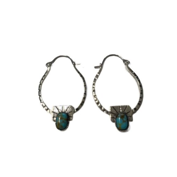 Silver Oval Earrings with Turquoise Stone - Picture 1 of 2